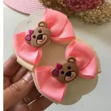 Par de Laços para Bebê e Menina Ursinha Rosa na Presilha