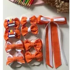 kit de laço de cabelo infantil Escolar Laranja e Branco Volta às aulas