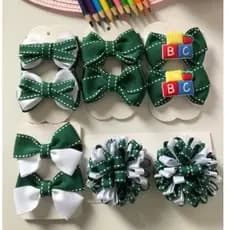 kit Laço Cabelo Escolar Verde e Branco Volta as Aulas
