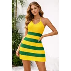 Vestido Feminino Listrado em Tricô com Alças Frente Única Brasil