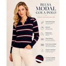 Blusa Modal Feminina Listrada Gola Polo Manga Longa Tricot Macio Casual Elegante