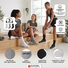 Kit Pares Meia Cano Alto Esportiva Canelada Unissex Algodão Macia (Preto, Cinza, Branco)