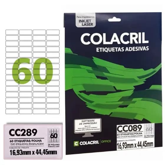 Etiqueta Adesiva A4– 25 Folhas com 60 Etiquetas (16,93mm x 44,45mm) 1500 etiquetas Colacril