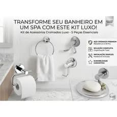 Kit Banheiro 5 Peças Cromado Luxo Não Enferruja Porta Toalha Saboneteira Premium
