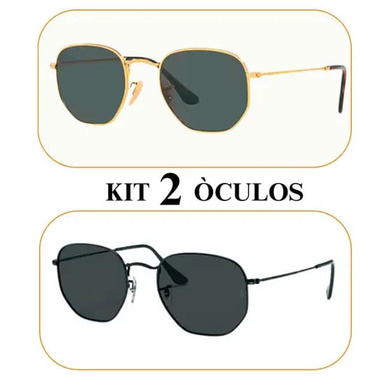 Óculos de Sol Hexagonal Clássico Preto Black + Hexagonal Armação em Metal Dourado Feminino Masculino