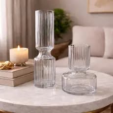 Vaso de Vidro Transparente Canelado – Pequeno e Grande | Decoração Elegante