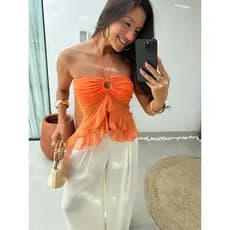 Blusinha Cropped Borboleta Babadinho Amarracao Pescoco Elegante Tule Tendência Verão