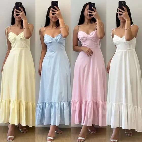 Vestido Princesa Decote Babado Elástico Alcinha com Amarração Romântico Godê Evasê Tendência Verão
