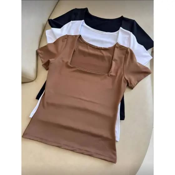 Kit 3 Blusas Basica Suplex Decote Quadrado Manga Curta Forrada Moda Gringa Tendência