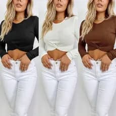 Kit de 3 Blusas Feminina Cropped Cruzado Manga Longa Canelada Outono Inverno Blusinha Estilosa Curta