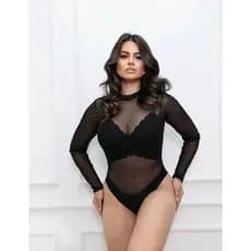 Body Tule Feminino Manga Longa Feminino Transparente Bori Preto e Marrom Tendência