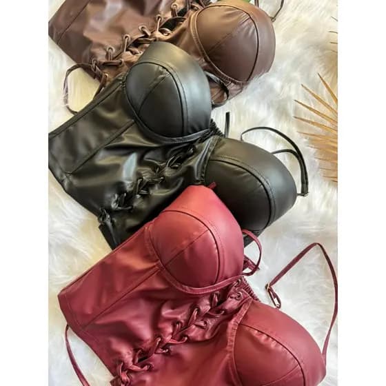 Cropped Corset Couro Sintético Courinho Amarração Bojo Alcinha Elastex Outuno Inverno Tendência