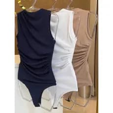 KIT 1-3 Body Feminino Franzido Suplex Regata Gola Italiana Plissado sem Mangas Moda Blogueira Gringa