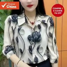 Blusa Floral Estilo Coreano de Verão para Mulheres Camisa de Chiffon Solta Manga 3/4 Tamanho Plus Camiseta Feminina Fili