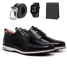 Kit Sapato Social Masculino Oxford Moderno De Couro Confortável Com Solado Leve Estiloso Top + Cinto Carteira Relogio