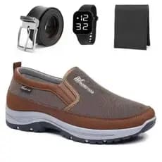 Kit Tênis Sapatilha Mocassin Casual de Passeio Macio Reforçado Com Solado Impermeável Top + Cinto Carteira e Relogio