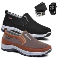 Kit 2 Pares De Tenis Mocasssin Moderno Trilha Aquatico Adventure Ortopedico Costurado Resistente + Cinto Carteira Relogi
