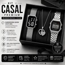 Kit Casal Relógios Digitais Feminino Masculino + Colar Pingente Coração