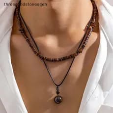[Trêsgoodstonesgen] 2 Unidades/Conjunto Colar Com Pingente De Pedra Natural Para Homens Contas De Madeira Vintage Fio De