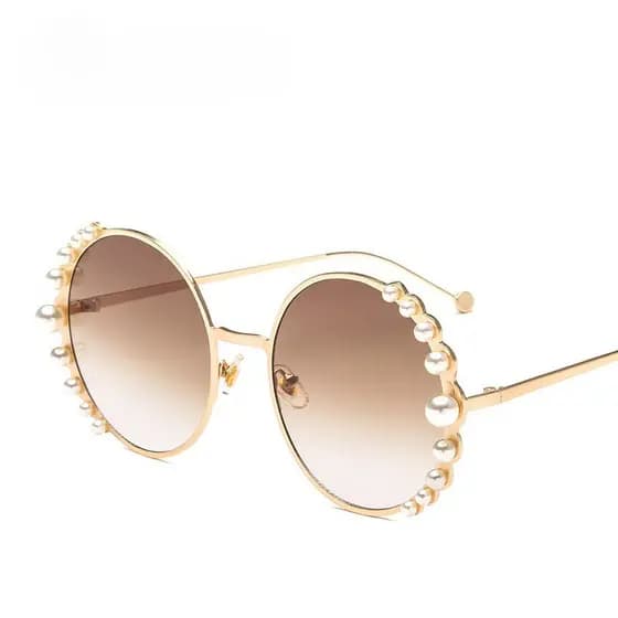 Óculos de Sol Redondos Oversized para Mulheres, Óculos com Pérolas, Lentes Transparentes Elegantes, Óculos de Sol Rosa p