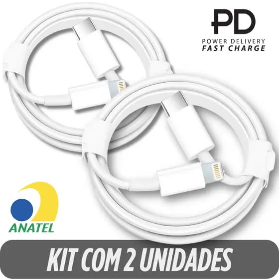 Kit com 2 Cabos Iphone Lightning USB-C Carga Rápida IOS compatível IPhone IPad Premium 20w