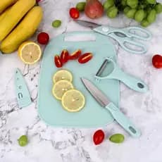 Kit 4 Utensílios de Cozinha Pequenas Viagem Faca Tesoura Descascador Tábua Culinária