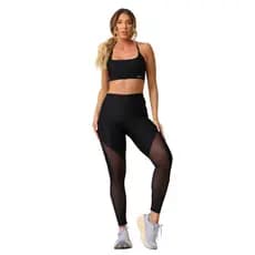 Conjunto Academia Top Alças Finas + Legging Tecido Acetinado Texturizado Cós Alto Duplo  UV50+