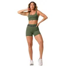 Conjunto Academia Top Cropeed + Shorts Cós Alto Duplo Alta Compressão Modelador Treino