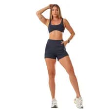 Conjunto Curto Academia Top Decote U + Shorts Cós Largo Elástico com Bolso Embutido Treino Fitness