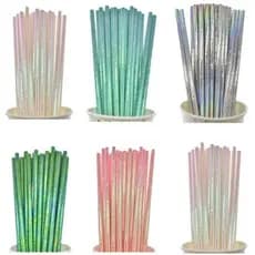 Canudo de Papel Nacarado Prata Branco Rosa Verde Holográfico furtacor decoração festa topo de bolo
