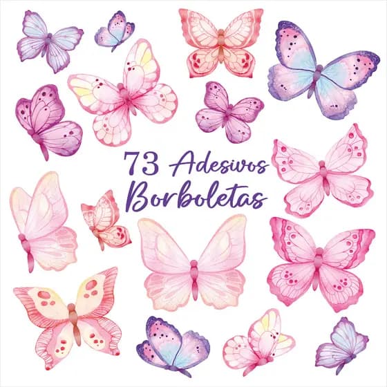 73 Adesivos de Lindas Borboletas, tons rosa e lilás para quarto infantil menina e decoração em geral