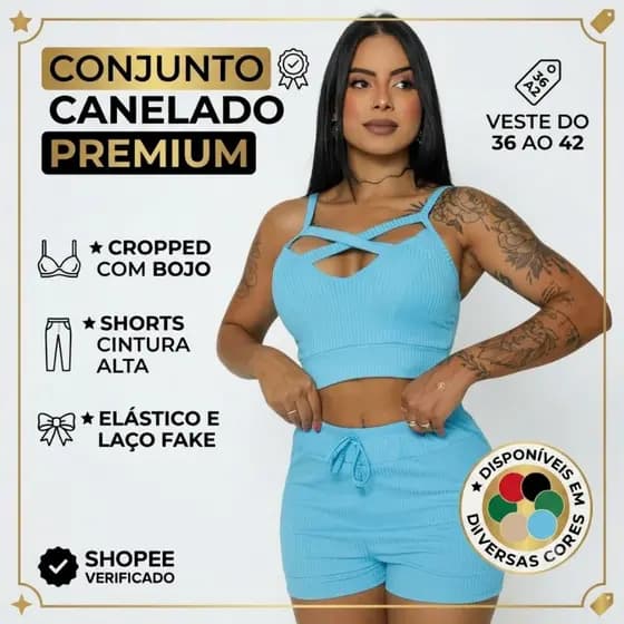 Conjunto Feminino Cropped e Short Canelado Confortável Moda Verão Casual