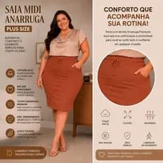 Saia Midi Feminina Plus Size Lápis Anarruga Cintura Alta Com Bolsos Evangélica Social Secretária