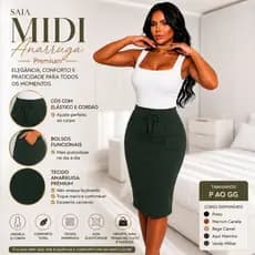 Saia Midi Feminina Anarruga Cintura Alta Com Bolso Moda Evangélica Social Trabalho