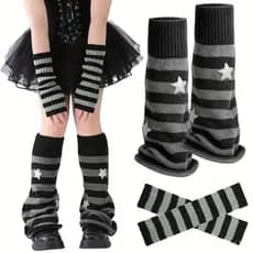 Conjunto de 2 Peças de Polainas Listradas com Estampa de Estrelas e Mangas Listradas, Estilo Retro Urbano Y2K, Moda Quen