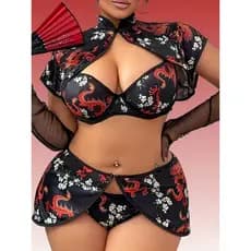 Pijama Feminino Plus Size com Estampa Sensual Exótica para Diversão (Top, Camisola, Calças, Saia; Manga Sem Mangas Inclu