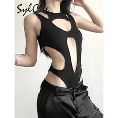 Macacão Justo Feminino Sylcue Preto, Sensual e Misterioso, com Recortes, Versátil, Moderno, Estiloso, para Noites de Fes