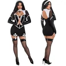 Fantasia de Halloween Feminina, Traje de Couro Sintético para Cosplay, Uniforme de Freira/Empregada para Noite em Clube,