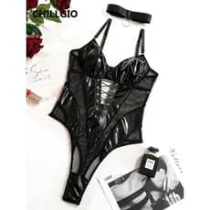 Bodysuits femininos sensuais de malha PU com alças, macacões justos com amarração, macacões vazados e elegantes, combina