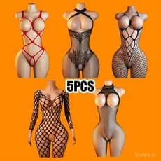 Conjunto de 5 peças de body feminino com cinta-liga - Top de manga longa em malha transparente e meia-calça de rede, fan