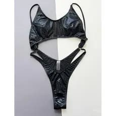 Maiô feminino preto com estampa de cobra metálica, peça única, costas vazadas, biquíni, roupa de banho, traje de praia,
