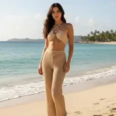 Conjunto Calça +Top Tricot Premium Bordado Saída de Praia Verão  Calça Pantalona Tendência Blogueira Feminina 2026