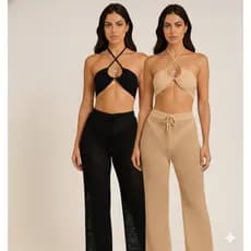 Kit 2 Saidas de Praia Calça + Top  Com Ajuste no Cordão Verão Moda Blogueira Tendencia Crochê 2026