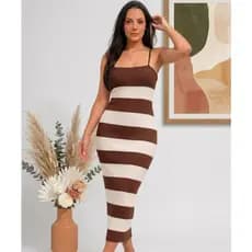 Vestido tricot Modal listrado Trançado nas Costas Canelado Costa Nua Verão