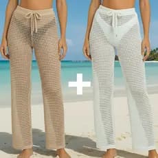 kit com 2 Calças Saída de Praia Tricot Crochê Moda Feminina Pantalona Tricô Moda Verão 2026