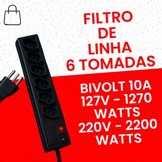 Filtro de Linha Plastico Regua Tomada 6 Extensão Eletrica Universal 10A Fusivel 1, 3 e 5 metros