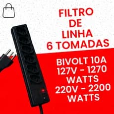 Filtro de Linha Plastico Regua Tomada 6 Extensão Eletrica Universal 10A Fusivel 1, 3 e 5 metros