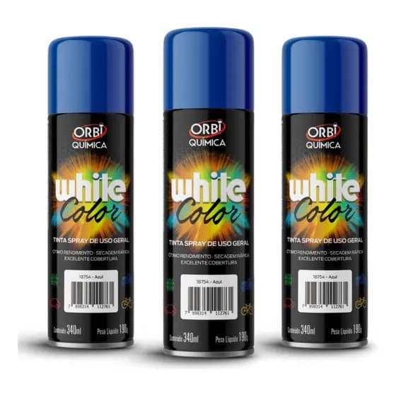 Kit 3 Tintas Spray Azul Uso Geral White Lub 340ml