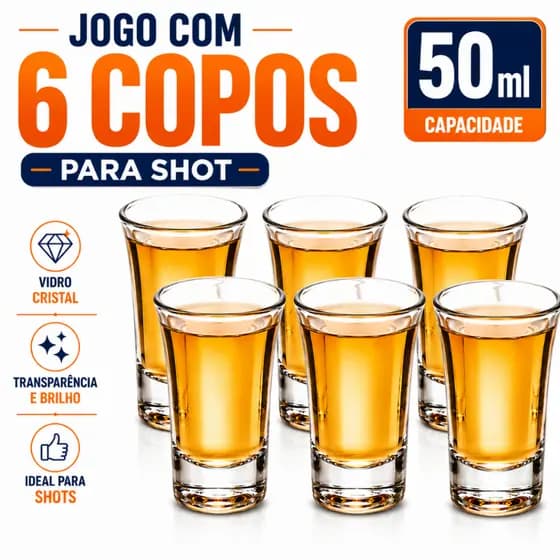 Kit 6 Copos Shot De Vidro Cristal 50ml Para Tequila Vodka Cachaça Bar Restaurante E Festas