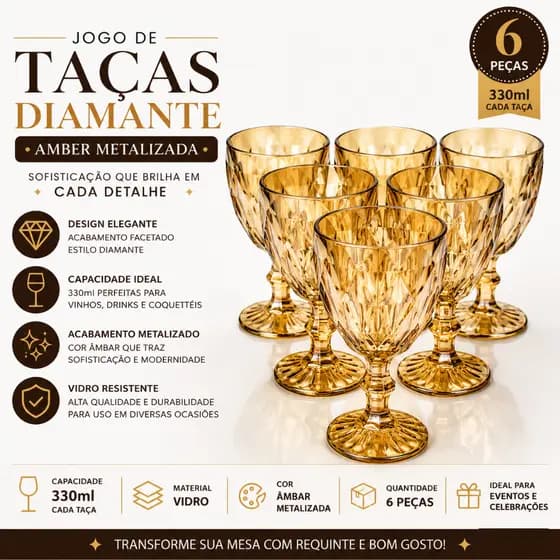 Jogo Conjunto Taças 6 Peças Diamond Luxo De Vidro Amber Diamante Metalizada 330ml